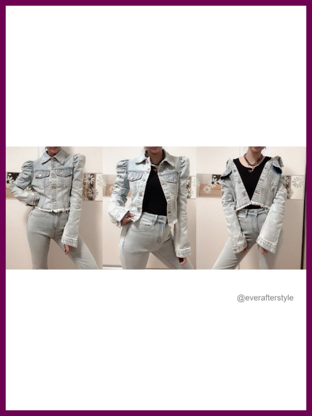 Cropped Denim Jacket with Puff Sleeves Button Down - Picture 5 of 6